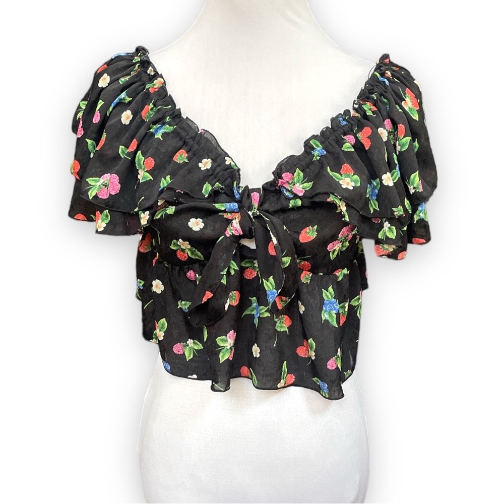 Zara Berries and Flowers Ruffle Crop Top Black Size Large